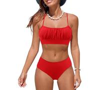 Costumi da Bagno per Donna a Due Pezzi Ruched Bandeau Bikini Set Regolabile Tracolla Costumi Donna Imbottito Push Up Bikini Top Sgambata a Vita Alta Fond Beachwear Swimwear(Vino Rosso,S)