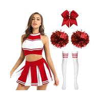 Costumi da cheerleader, vestito ballo scolaretta, uniforme, top corto, gonna a pieghe, calzini con pompon, tuta esibizione(Red B,L)