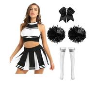 Costumi da cheerleader, vestito ballo scolaretta, uniforme, top corto, gonna a pieghe, calzini con pompon, tuta esibizione(Black B,XXL)
