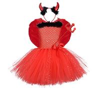 Costumi da Diavoletta per Bambini Ragazze Principessa Abito tutù Tulle Fascia con Ali di Piume e Bacchetta Completi da Festa di Compleanno Halloween Cosplay Carnevale Natale Fotografia Rosso 2 Anni