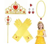 Costumi da Principessa Set,Principessa Costume Accessori 8 Pezzi,Corona+Guanti+Bacchetta Magica+Collana+Anelli+Orecchino,Ragazza Bambini Cosplay Carnevale Festa di Halloween Dress Up,3-9 Anni (giallo)