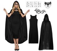 Costumi da Strega Halloween Donna, Costume da Strega Nera, Abito Lungo con Mantello e Cappuccio, Maschera in pizzo collana Costume Streg Vestito Vampira per Adulti Cosplay Halloween Carnevale Feste XL