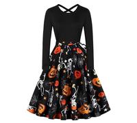 Costumi di Halloween da donna a maniche lunghe retrò swing maxi abito | Scollo rotondo, maniche lunghe, stampa retrò, misto seta latte, maxi linea ad A, taglie dalla S alla XXL