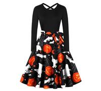 Costumi di Halloween da donna a maniche lunghe retrò swing maxi abito | Scollo rotondo, maniche lunghe, stampa retrò, misto seta latte, maxi linea ad A, taglie dalla S alla XXL