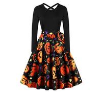 Costumi di Halloween da donna a maniche lunghe retrò swing maxi abito | Scollo rotondo, maniche lunghe, stampa retrò, misto seta latte, maxi linea ad A, taglie dalla S alla XXL