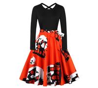 Costumi di Halloween da donna a maniche lunghe retrò swing maxi abito | Scollo rotondo, maniche lunghe, stampa retrò, misto seta latte, maxi linea ad A, taglie dalla S alla XXL