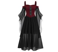 Costumi di Halloween da Donna Abito di Grandi Dimensioni Manica a Campana Trasparente Gonna Lunga con Spalline e Vita annodata Stile Strega Costumi di Festa per Giochi di Ruolo, A1 Bordeaux, M