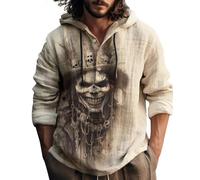 Costumi di Halloween da uomo in cotone e lino con cappuccio a maniche lunghe con stampa spaventosa con cappuccio camicia grafica ampia, Beige, M