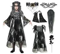 Costumi Halloween Bambini, 6 Pezzi Sposa Cadavere Costume Bambina, Abito Sposa Cadavere con Velo da Cerchietto Halloween, Rose, Collana, Maschera in Pizzo, costume per Halloween Carnevale Cosplay