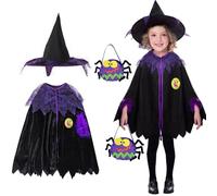 Costumi Halloween ragazze,Costume da strega bambini, Mantello da strega con cappello da strega e borsa di Halloween,Costume Halloween bambini per Halloween carnevale party,Adatto per altezza 110-140cm
