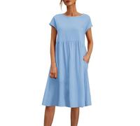 Costumi per le donne 2025 nuovo girocollo casual e confortevole cotone maniche corte abito da spiaggia con Pocketsholiday comodo all'aperto schizzi passeggiate campeggio picnic prendisole, Blu, L