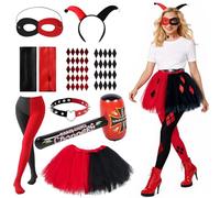 Costumi Quinn Adulti, Costume Clown Cosplay Quinn con Gonna tutù Collana Guanto Calze e Adesivi Martello Gonfiabile, Quinn Costume Donna per Halloween Natale Carnevale Joker Fancy Dress Cosplay