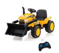 COSTWAY 12 V Escavatore per Bambini, con Telecomando, Benna di Scavo Regolabile Musica e Fari a LED, Ruspa Elettrica per Bambini di 3-8 Anni, Giallo
