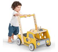 COSTWAY 2-in-1 Primi Passi per Bambini con Altezza Regolabile, Girello in Legno con Banco da Lavoro, Carrello da Spinta con Giocattoli Montessori, Velocità Regolabile, Spazio di Archiviazione