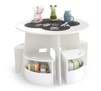 COSTWAY 2 in 1 Set Tavolino e 4 Sedie per Bambini 3+ Anni, Tavolo Rotondo con Lavagna e Sedie con Portaoggetti, Tavolino Montessori in Legno per Asilo, Stanza dei Giochi e Cameretta (Bianco)