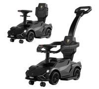 COSTWAY 3 in 1 Auto da Spinta, Auto Scorrevole con Paracolpi e Manubrio Rimovibili Musica e Fari, Spazio di Stoccaggio Nascosto e Ruote Universali Staccabili, Bambini 18-24 Mesi (Nero)