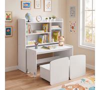 Costway 3 in 1 scaffale per giocattoli per bambini con scrivania libreria con ruote 2 sedie e scomparti aperti, Scaffale per cameretta e soggiorno Bianco