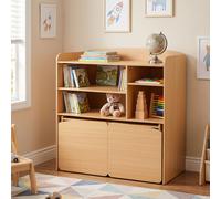 Costway 3 in 1 scaffale per giocattoli per bambini con scrivania libreria con ruote 2 sedie e scomparti aperti, Scaffale per cameretta e soggiorno Naturale