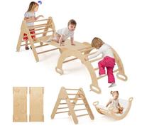 COSTWAY 3 in 1 Set da Arrampicata per Bambini, Giocattoli da Arrampicata a Triangolo con Triangolo Arco e Salita, Ideale per Bambini 1 Anni + (Naturale, con cuscino)