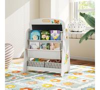 Costway 4 in 1 cavalletto artistico e libreria con lavagna magnetica e lavagna nera, Set tavolo e sedia per bambini per disegno Legno naturale
