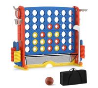 COSTWAY 4 in 1 Forza 4 Gigante, Set di Gioco 4 in Fila con Lancio degli Anelli, Canestro da Basket, Palla, Mazza da Golf, Porta Bicchieri, Borsa e Tasca a Rete, Forza 4 Regolabile in Altezza (Blu)