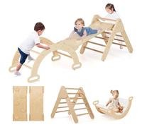 COSTWAY 4 in 1 Set da Arrampicata per Bambini, Giocattoli da Arrampicata a Triangolo con Triangolo Arco e Salita, Ideale per Bambini 1 Anni + (Naturale, con cuscino)