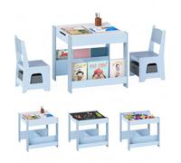COSTWAY 4 in 1 Set Tavolo e Sedie per Bambini con Piano Reversibile Blu | Tavolino per Bambini e 2 Sedie Ergonomiche con Libreria, Scatola in Tessuto, Ideale per Cameretta, Asilo e Nido