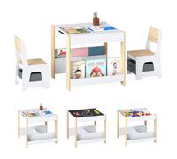 COSTWAY 4 in 1 Set Tavolo e Sedie per Bambini con Piano Reversibile Natural | Tavolino per Bambini e 2 Sedie Ergonomiche con Libreria, Scatola in Tessuto, Ideale per Cameretta, Asilo e Nido