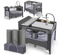COSTWAY 5-in-1 Lettino da Campeggio con Materasso, Lettino per Bambini con Fasciatoio, Lettino Pieghevole e Portabile, Altezza Regolabile in 5 Livelli, per Bambini 0-36 Mesi (Grigio+Grigio Scuro)