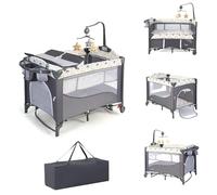 COSTWAY 5-in-1 Lettino da Campeggio con Materasso, Lettino per Bambini con Fasciatoio, Lettino Pieghevole e Portabile, Altezza Regolabile in 5 Livelli, per Bambini 0-36 Mesi (Grigio+Beige)