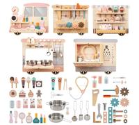 COSTWAY 5 in 1 Pannello Sensoriale in Legno per Bambini, Busy Board con Vanity, Cassetta degli Attrezzi, Cucina Giocattolo, Kit del Dottore e Bar, Giocattolo Montessori per Sala Giochi e Asilo