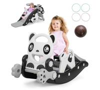 COSTWAY 5 in 1 Set Cavallo a Dondolo e Scivolo per Bambini, Set di Giocattoli con Canestro da Basket e Gioco degli Anelli, Età 1-5 Anni, Carico 50kg, per Interno ed Esterno (Panda)