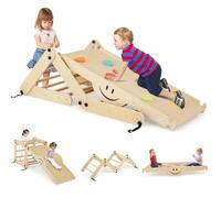 COSTWAY 5 in 1 Set da Arrampicata per Bambini, Giochi da Arrampicata Pieghevoli in Legno con Rampe Regolabili e Reversibili, Scala da Arrampicata per Bambini 3+ Anni (Naturale)