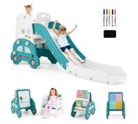 COSTWAY 5 in 1 Set Scivolo Pieghevole con Arrampicata per Bambini 3+ Anni | Parco Giochi con Lavagna Magnetica Bifacciale, Libreria e Blocchi da Costruzione