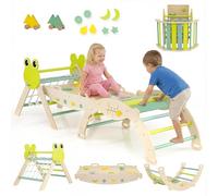 COSTWAY 7 in 1 Set da Arrampicata per Bambini, Giocattoli da Arrampicata in Legno con Rampa Scala e Arco, Gioco del Labirinto, Giochi Montessori per Bambini 1 Anni + (Rana 3 Pezzi con Rete, Verde)