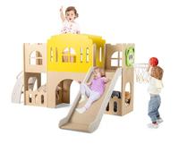 COSTWAY 7 in 1 Set da Scivolo per Bambini, Parco Giochi in Legno Interno ed Esterno con Arrampicata Canestro da Basket Corridoio Tunnel, Forma di Castello per Bambini 3 Anni +