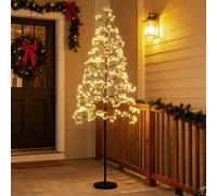 Costway Albero artificiale di cedro pre-illuminato con base ponderata, Decorazione da interno pre-illuminata per natale da 150cm