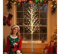 Costway Albero di natale artificiale con 168 luci LED calde picchetti in metallo, Albero di betulla illuminato da 186cm Argento