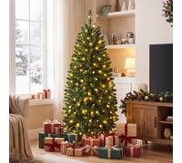 Costway Albero di natale artificiale con luci bianche calde e multicolori, Albero di natale slanciata con 9 modalità di illuminazione foglie in pvc 150cm