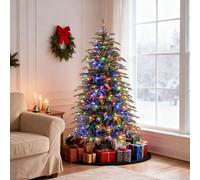 Costway Albero di natale artificiale con luci led regolabili per casa ufficio e negozi, Albero di natale folto con 11 modalità di illuminazione 180cm