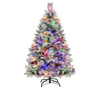 COSTWAY Albero di Natale Innevato 136/180 cm, Albero di Natale con 160/240 Luci LED, 472/850 Rametti di PE PVC, 26/34 Pigne, Aghi di Pino e 8 Modalità di Illuminazione (136 cm)