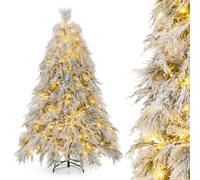 COSTWAY Albero di Natale Innevato 146/180 CM, Albero di Natale Artificiale Pre-Luminoso con Cerniera e 150/250 Luci LED Bianche Calde, 279/519 Punte di Ramo, Ago di Pino (180 CM)