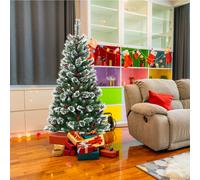 Costway Albero di Natale innevato e non illuminato con base resistente di metallo, Abete artificiale con bacche rosse