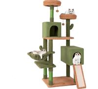 COSTWAY Albero per gatti cactus alto 160 cm, albero per gatti con piattaforme, giocattoli, paletti in sisal, scala, cesto e 2 grotte per gatti, torre per gatti in legno, verde, marrone