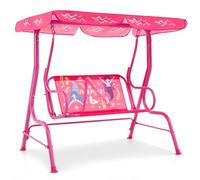 COSTWAY Altalena da Esterno per Bambini, Panchina a Dondolo a 2 Posti con Struttura in Metallo, Tetto Regolabile e Cinture di Sicurezza, per Bambini 3+Anni, Portata 80 kg (Rosa)