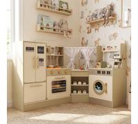 Costway Angolo giochi cucina per bambini in legno con rubinetto e fornelli realistici, Set cucinetta giocattolo con accessori per bambini 3+ anni