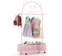 COSTWAY Appendiabiti per Bambini con 3 Altezze Regolabili, Supporto per Abiti con Ruote, con Asta e Cesto Portaoggetti in Ferro, per Stanza dei Bambini Soggiorno, 81x34x182 cm (Rosa)