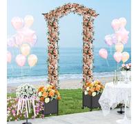 Costway Arco in metallo da giardino con 2 fioriere auto-irriganti e ruote, Grande arco da matrimonio all'aperto per viti e rose Grigio