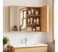 Costway Armadietto a specchio da bagno con 2 ante specchio e 2 ripiani regolabili, Mobile bagno da parete in bambù 65 x 14 x 50,5 cm