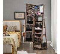 Costway Armadietto portagioie girevole a 360° con specchio lungo, Specchio portagioie con luci LED e specchietto Marrone